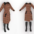 Brown Plaid Dress With Black Collar Cuffs Pockets And Long Sleeves Design