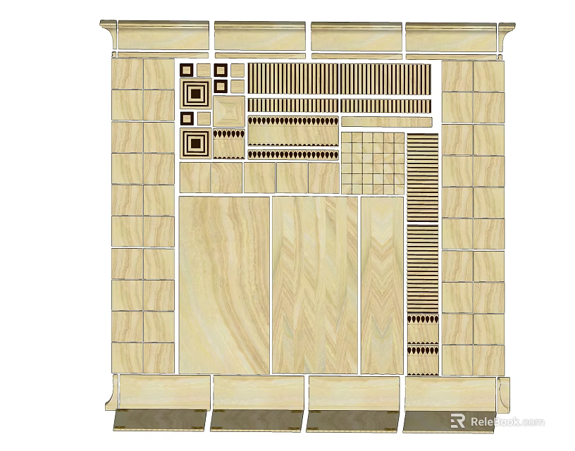 Wooden Wall Panel Design Featuring Horizontal Strips Square Patterns And Decorative Grilles 3d model