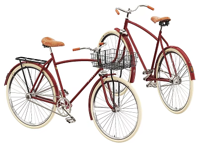 Vintage Style Crimson Red Bicycles With Brown Seats Front Baskets And White Tires 3d model