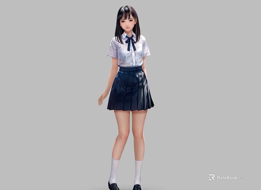 Game Movie Character In School Uniform With Long Black Hair White Shirt Dark Pleated Skirt 3d model 