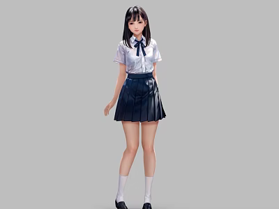 Game Movie Character In School Uniform With Long Black Hair White Shirt Dark Pleated Skirt 3d model