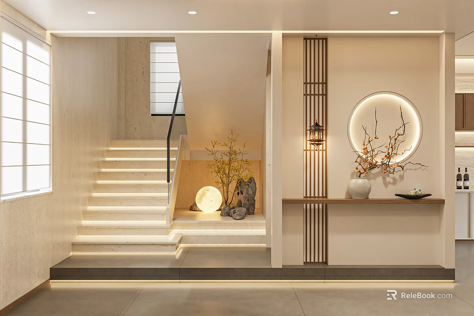 Modern Staircase Interior With White Steps Handrail Round Light Vase And Decorative Plants On Shelf 3d model 