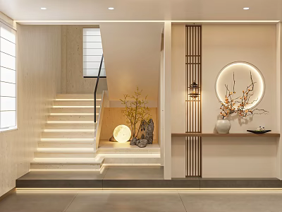 Modern Staircase Interior With White Steps Handrail Round Light Vase And Decorative Plants On Shelf 3d model