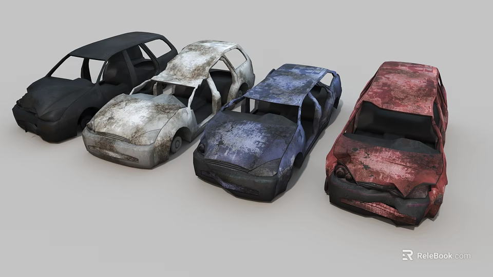 Old Damaged Cars In Different Colors With Worn Exteriors And Broken Parts 3d model 