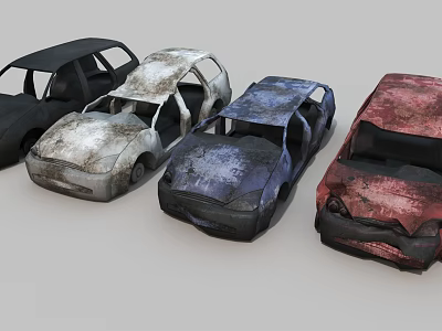 Old Damaged Cars In Different Colors With Worn Exteriors And Broken Parts 3d model
