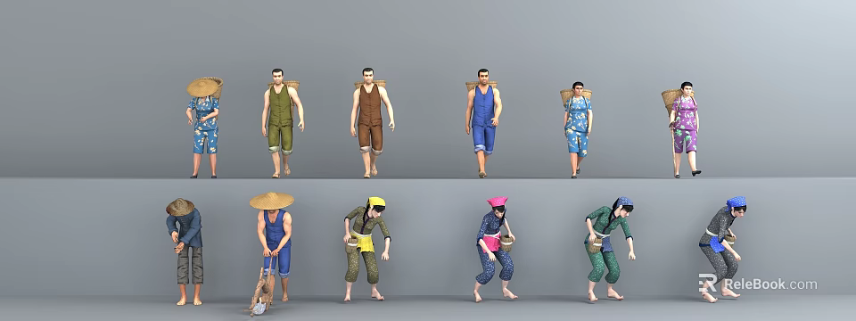 Varied Laborer Figures With Straw Hats Baskets And Colorful Costumes In Different Poses 3d model 