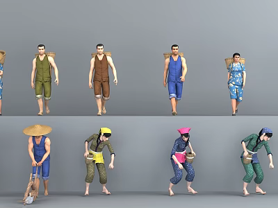 Varied Laborer Figures With Straw Hats Baskets And Colorful Costumes In Different Poses 3d model
