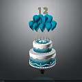 Two Layer Cake Topped With Blue Balloons And Number 12 Decoration