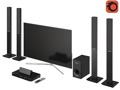 Black Home Theater System With Flat Screen TV Tower Speakers Subwoofer Player Remote And Stand 3d model
