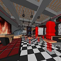 Stylish Bar Interior Featuring Red Black Lighting Checkered Floor Bar Counter Tables Chairs And Screens