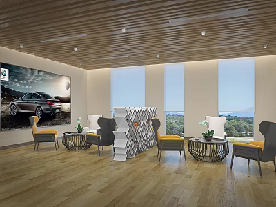 Modern Lounge Area Interior With Wooden Flooring Car Poster Sofas Chairs Small Tables And Windows 3d model