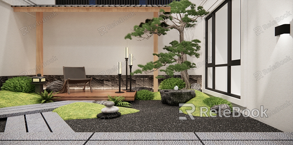 Japanese style courtyard dry landscape courtyard garden sketch model