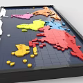 Colorful Building Blocks Forming World Map With Blue Grid Background And White Ocean Areas