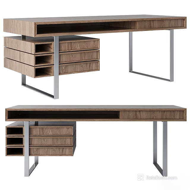 Modern Wooden Desk With Drawers And Metal Legs Surface Design 3d model 