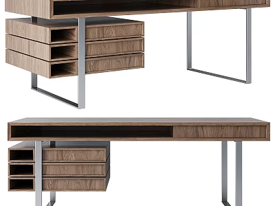 Modern Wooden Desk With Drawers And Metal Legs Surface Design 3d model