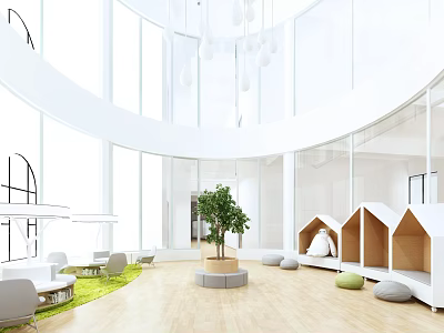 Hotel Public Lounge With Large Windows Green Tree Cozy Seating And Natural Light 3d model