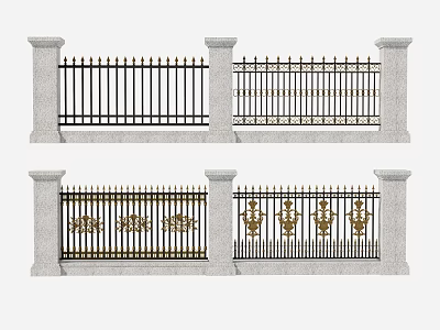 Architectural Exterior Wall Featuring Decorative Iron Railings With Golden Patterns And Stone Pillars 3d model