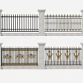 Architectural Exterior Wall Featuring Decorative Iron Railings With Golden Patterns And Stone Pillars