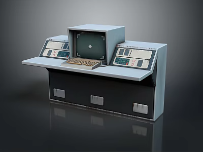 Vintage Control Console with Monitor Keyboard and Control Panels on Cabinet Structure Design 3d model