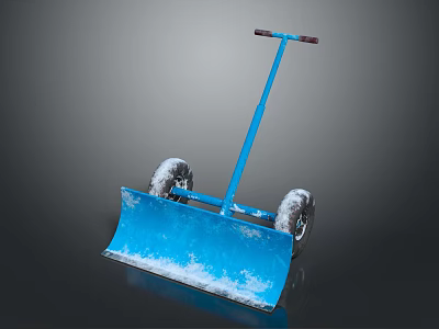 Blue Snow Shovel With Wheels And Snow On Blade For Winter Snow Removal Equipment 3d model