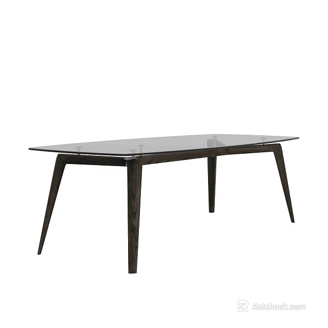 Modern Rectangular Dining Table With Glass Top And Dark Wooden Legs Design 3d model