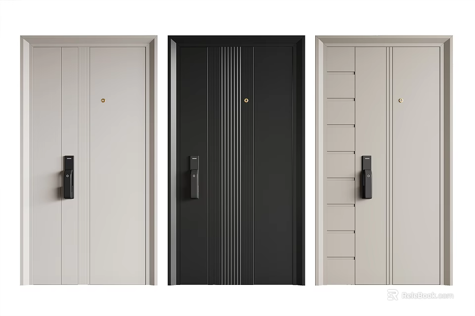 Modern Security Doors In Black White With Various Designs And Secure Locks 3d model