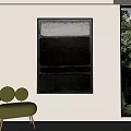 Interior With Large Black And White Abstract Painting Green Chair And Trees Outside