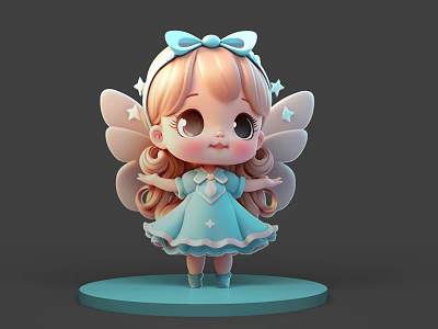 Cute Cartoon Girl With Blue Bow Curly Hair And Wings In Blue Dress On Pedestal 3d model