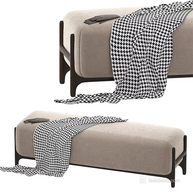 Light Gray Sofa Bench With Black Houndstooth Blanket And Sturdy Black Legs 3d model