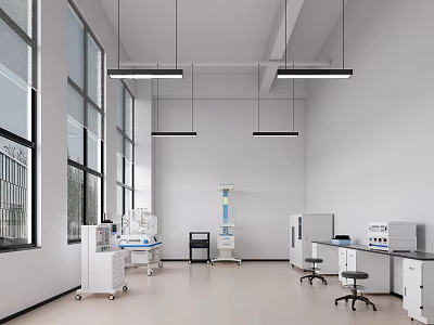 Spacious Modern Laboratory Interior With Medical Equipment Workstations And Large Windows 3d model