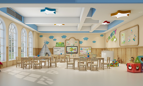 Modern kindergarten drawing board tables and chairs 3d model