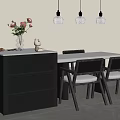 Modern Dining Area With Black Cabinet White Marble Countertop Woven Chairs And Pendant Lights