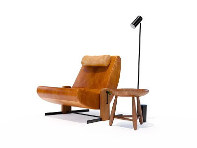 Modern Brown Leather Lounge Chair With Wooden Side Table And Floor Lamp 3d model