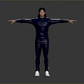 Dark Blue Tracksuit With White Sneakers For Men Standing On Gray Background