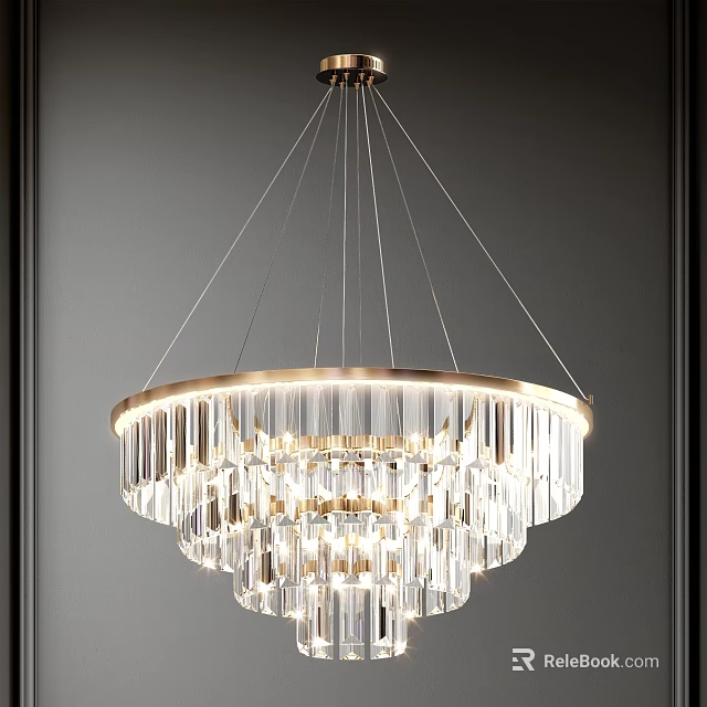 Elegant Multi Layered Crystal Chandelier With Golden Metal Frame And Glowing Illumination 3d model 