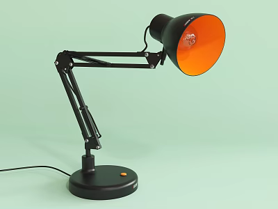Black Adjustable Arm Desk Lamp With Orange Shade And Base Button On Light Green Background 3d model