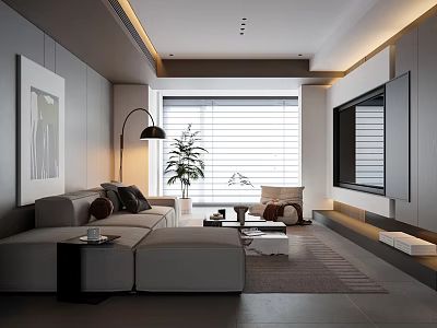 Minimalist Living Room Interior With Gray Sofa Floor Lamp Plant Window Blinds And TV 3d model