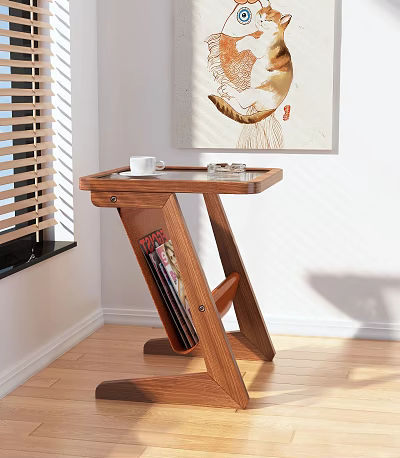 Wooden Side Table With Magazine Rack Surface Holding Cup And Small Items In Living Room 3d model