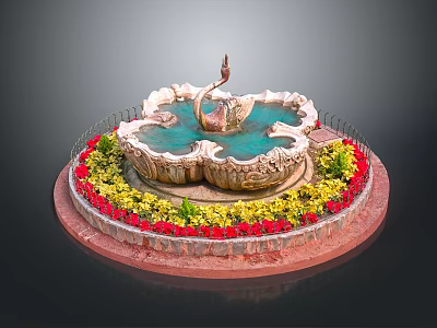 Red and Yellow Flowering Plants in Circular Garden Bed Around Swan Fountain 3d model