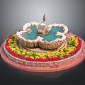 Red and Yellow Flowering Plants in Circular Garden Bed Around Swan Fountain