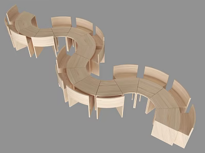 Curved Wooden Children's Table With Multiple Seats For Interactive Play in Classroom 3d model