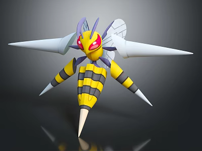 Yellow Striped Insect Creature 3D Model With Purple Horns Red Eyes White Wings And Spikes 3d model