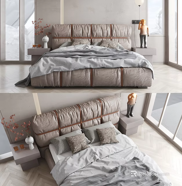 Modern Double Bed With Leather Headboard Gray White Bedding And Bedside Tables 3d model 