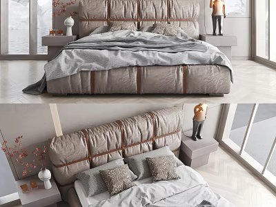 Modern Double Bed With Leather Headboard Gray White Bedding And Bedside Tables 3d model