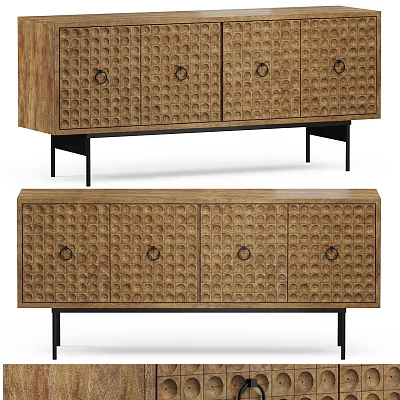 Wooden Decorative Cabinet With Carved Texture Drawer Design And Black Metal Legs 3d model