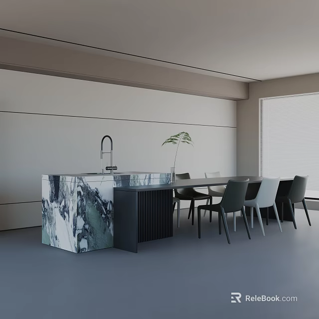 Modern Dining Table Set With Marble Countertop Island And Gray Chairs Plant Light Wall Window 3d model 