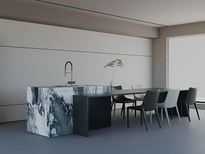Modern Dining Table Set With Marble Countertop Island And Gray Chairs Plant Light Wall Window 3d model
