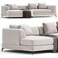 Modern Beige Linen Sectional Sofa With Plaid Blanket And Soft Cushions