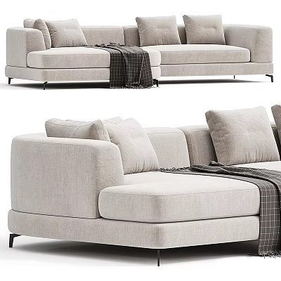 Modern Beige Linen Sectional Sofa With Plaid Blanket And Soft Cushions 3d model