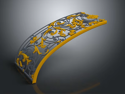 Arched Decorative Fence With Gray And Yellow Intricate Carvings And Scroll Designs 3d model